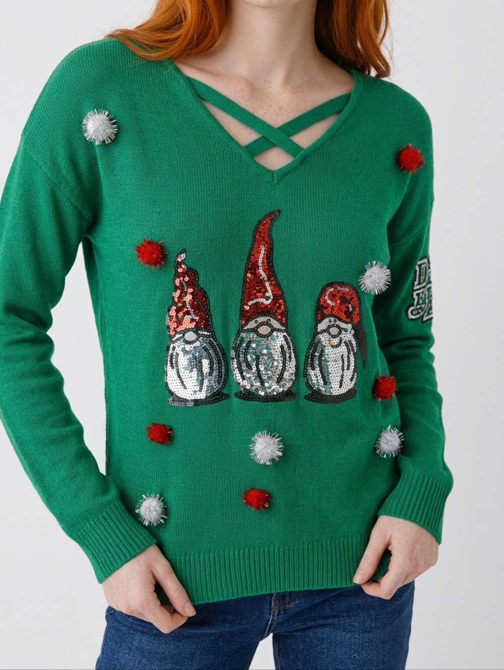 Ugly Christmas Green Santa Sweater with Pom Poms NWT Sz M Women